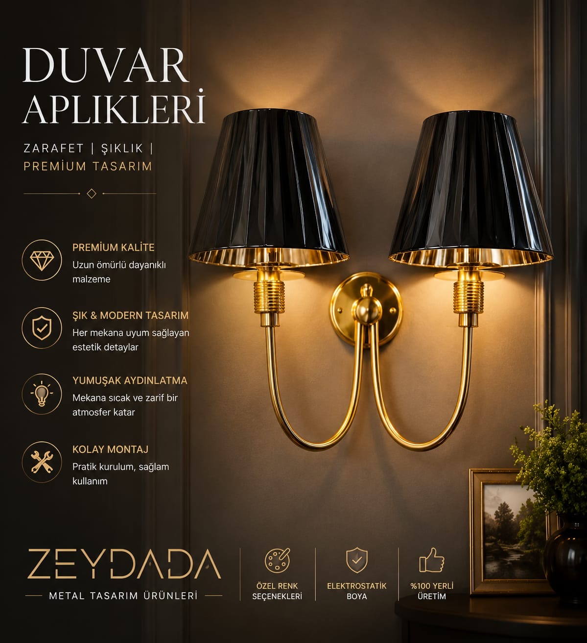 Modern Gold Çift Kollu Duvar Apliği | Siyah Başlıklı Metal Duvar Lambası | ZEYDADA